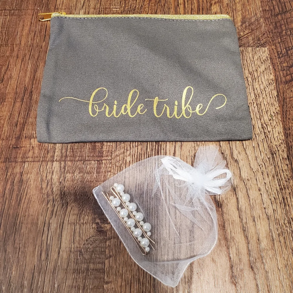 Bride Tribe Gold Gray Metallic Cosmetic Bag Makeup Pouch Pearl Bobby Pins Hair